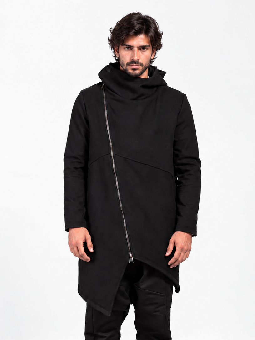 COAT WITH TRANSVERSAL ZIP AND BUTTON CLOSURE