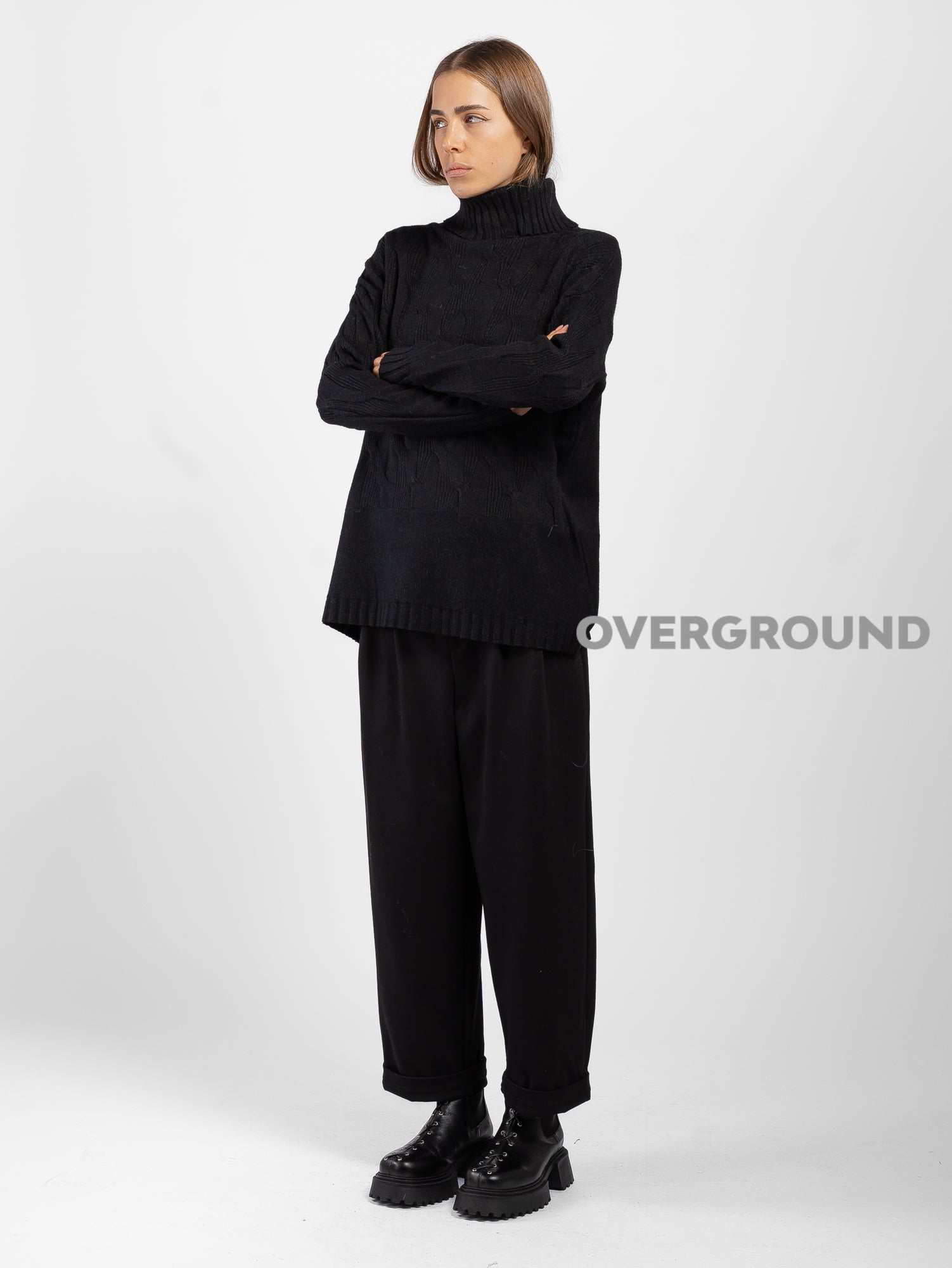 LONG HIGH NECK SWEATER WITH WOVEN PATTERN