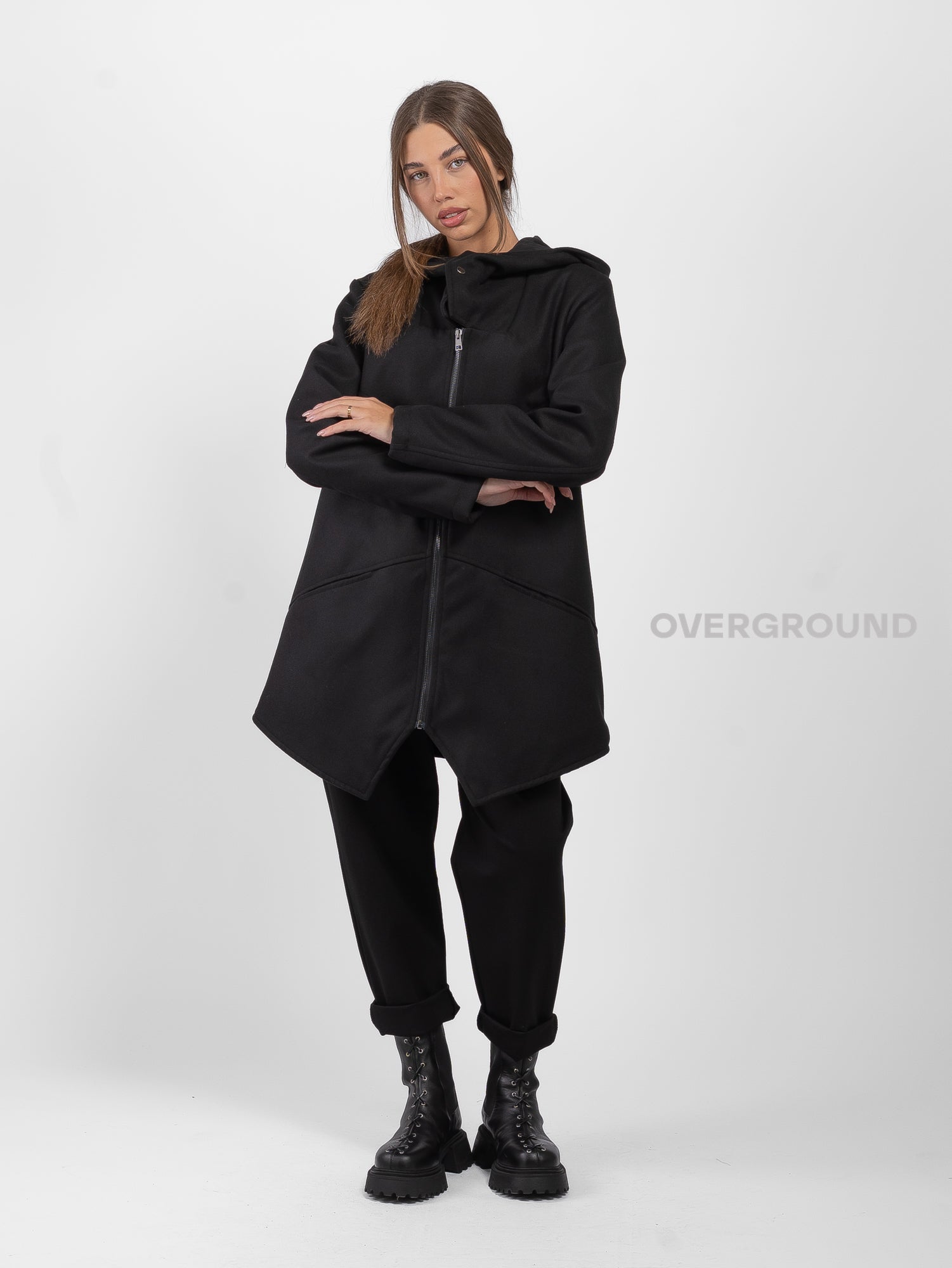 Asymmetrical jacket with hood and zip and Z buttons