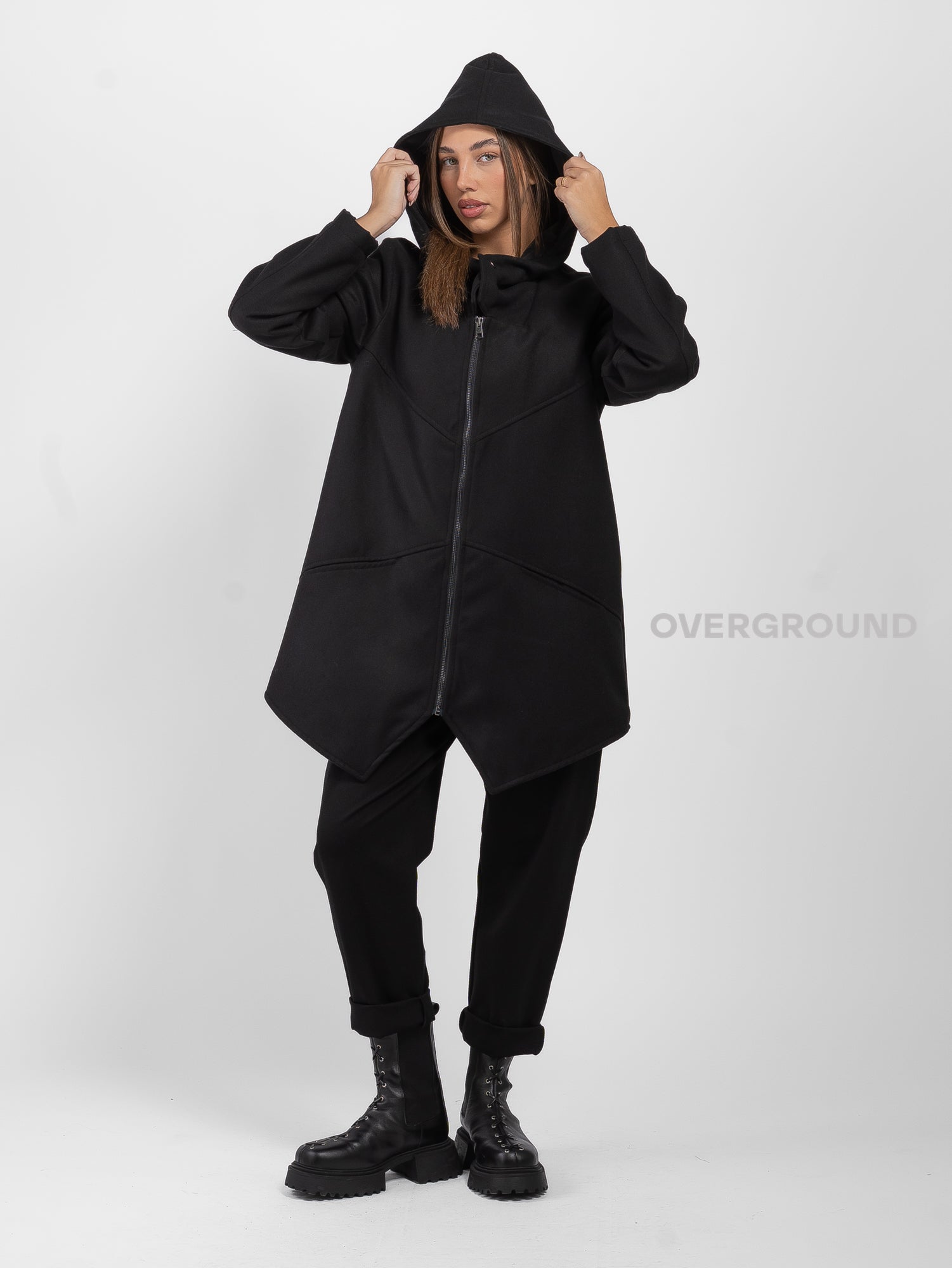 Asymmetrical jacket with hood and zip and Z buttons
