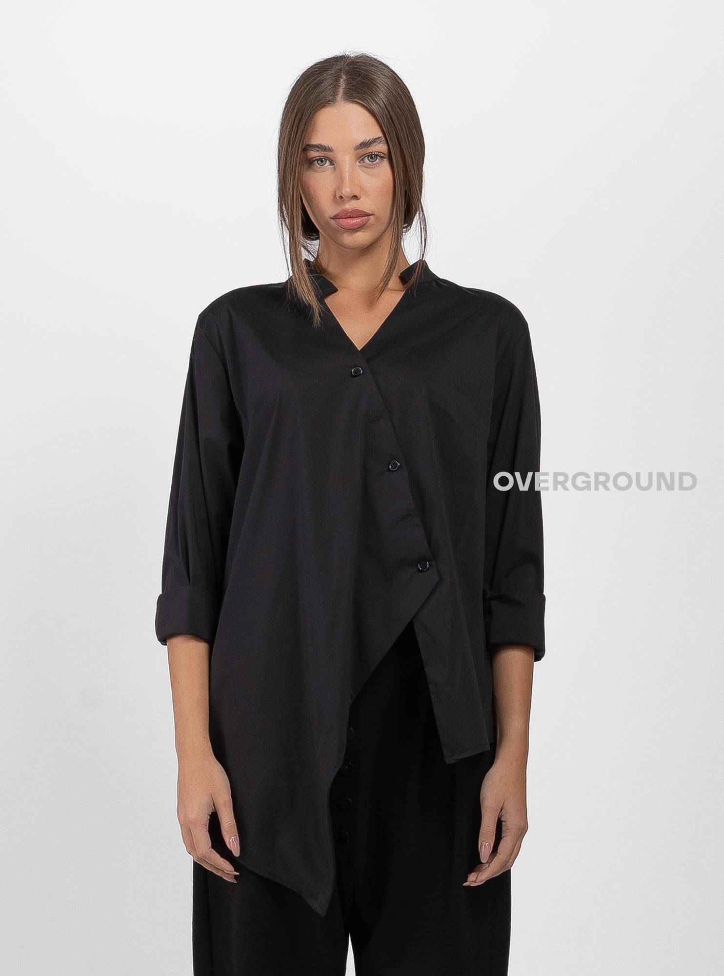 KOREAN COLLAR SHIRT WITH CROSS BUTTONS