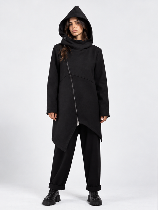 JACKET WITH TRANSVERSE ZIP AND BUTTON FASTENING