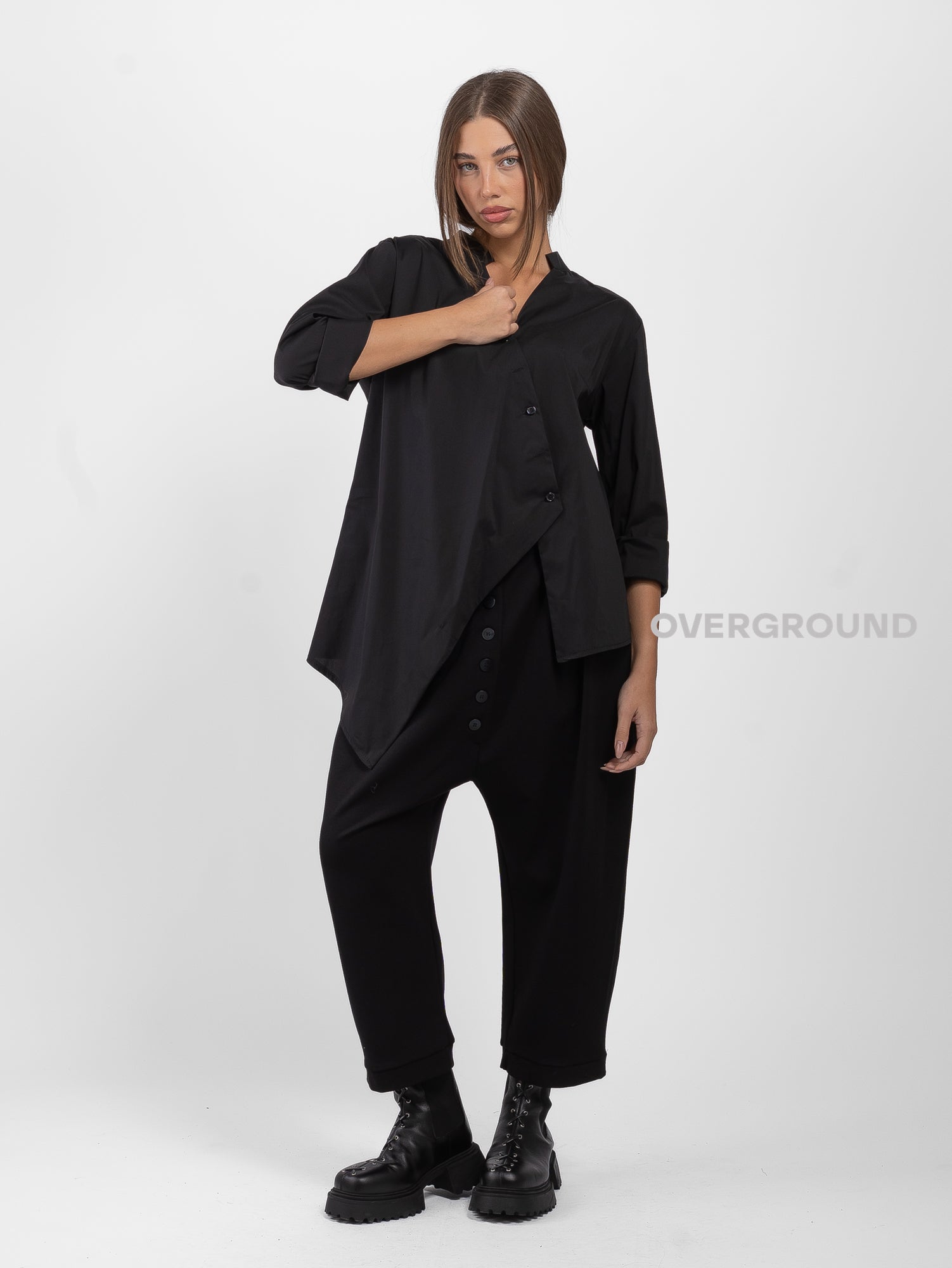 KOREAN COLLAR SHIRT WITH CROSS BUTTONS