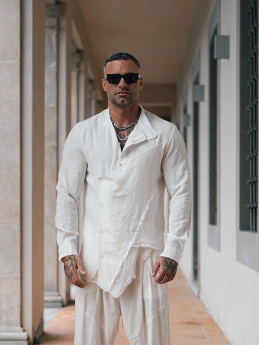 CAMICIA LINO ABBOTTONATURA ASIMMETRICA COLLO COREANA