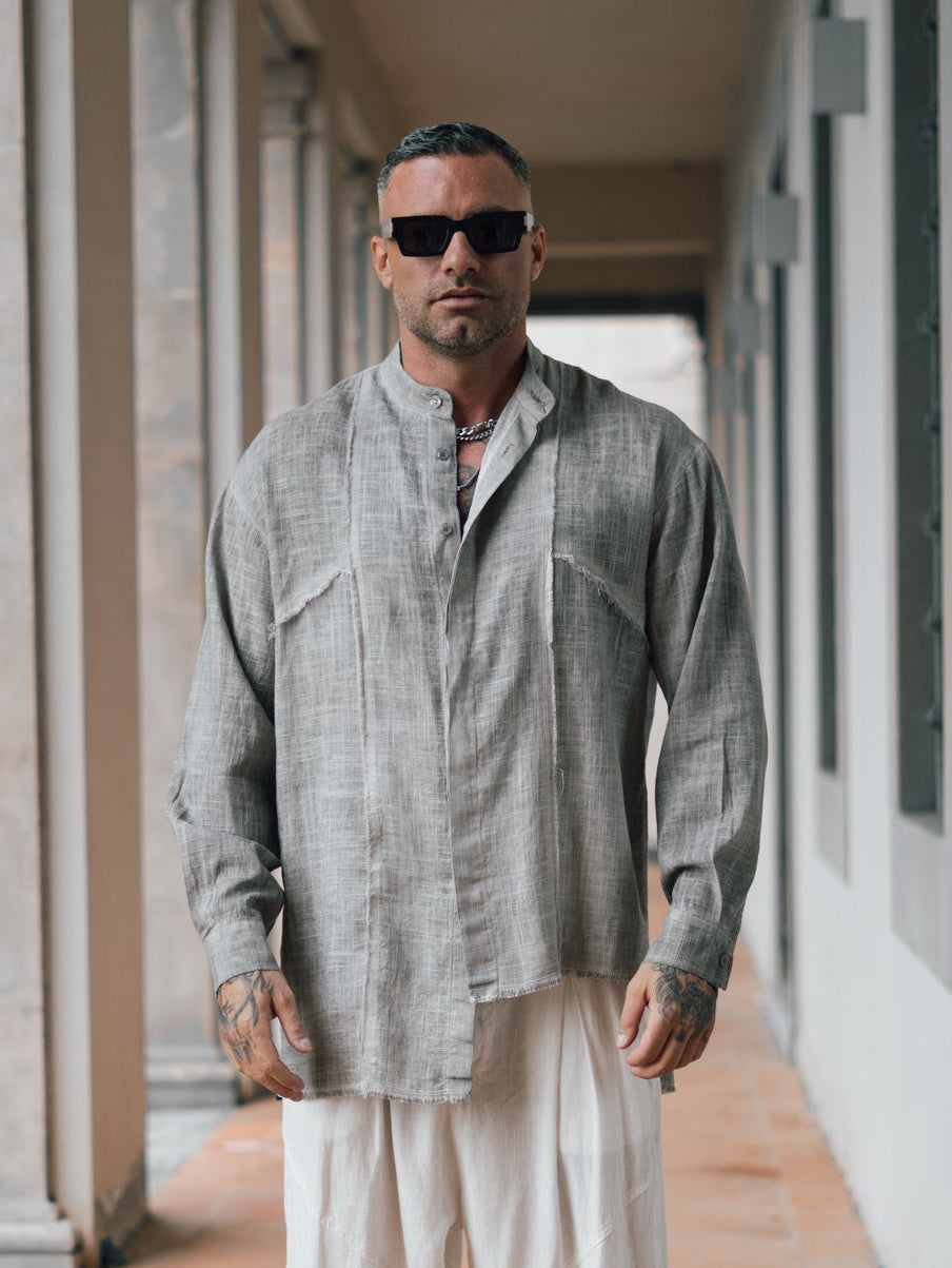 CAMICIA LINO COLLO COREANA BOTTONI COPERTI