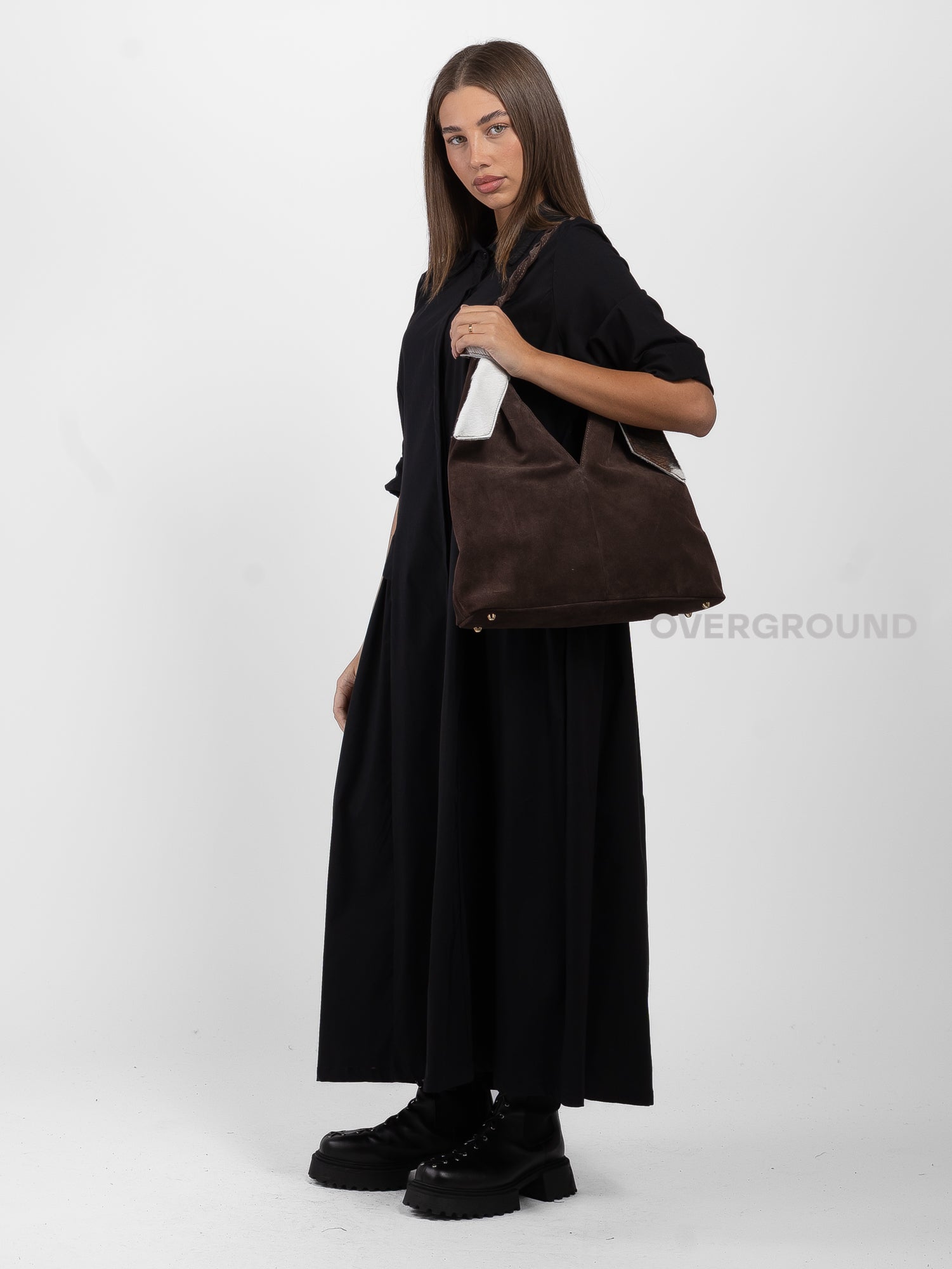 SUEDE BAG WITH WOVEN HANDLE