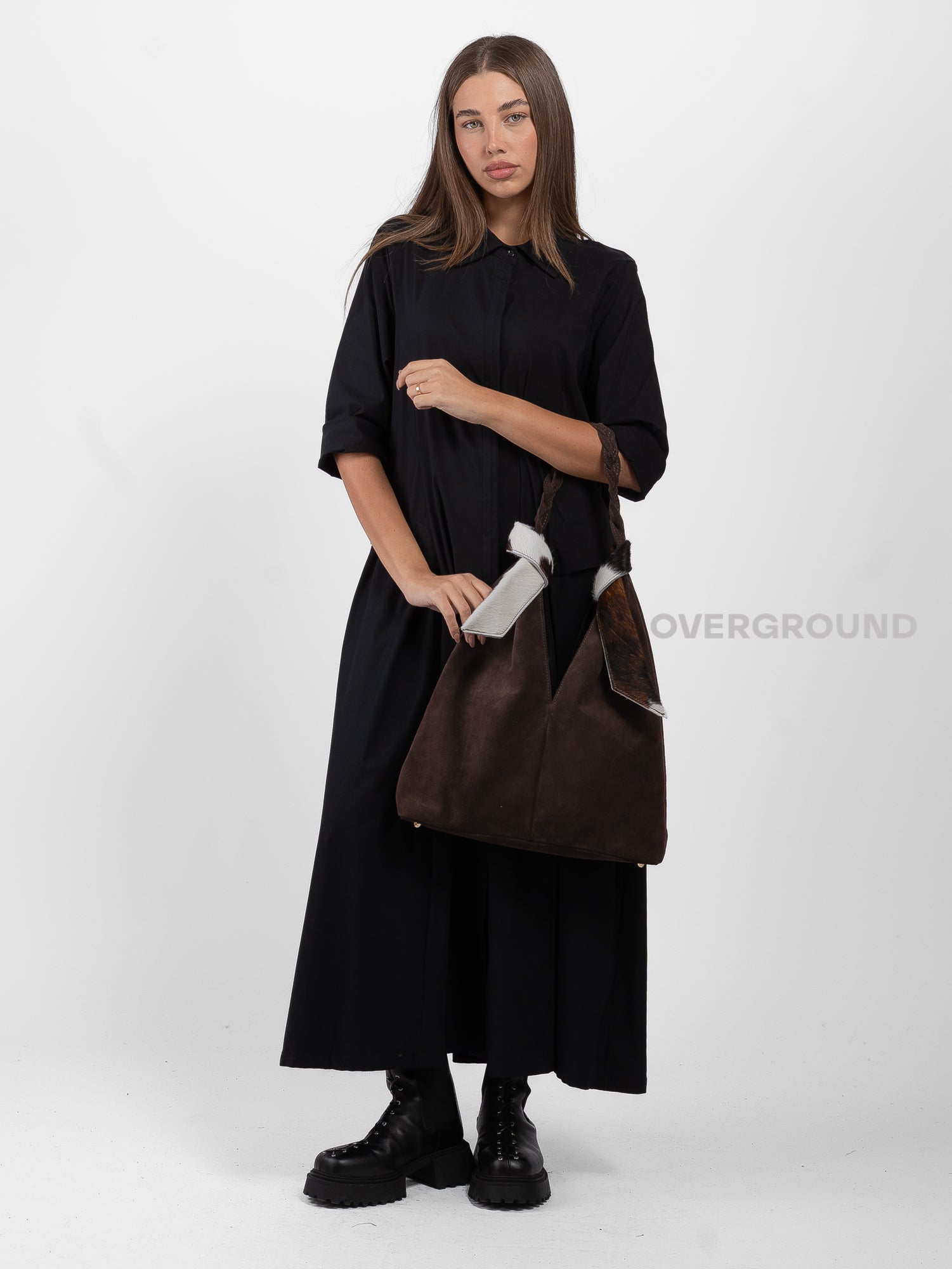 SUEDE BAG WITH WOVEN HANDLE