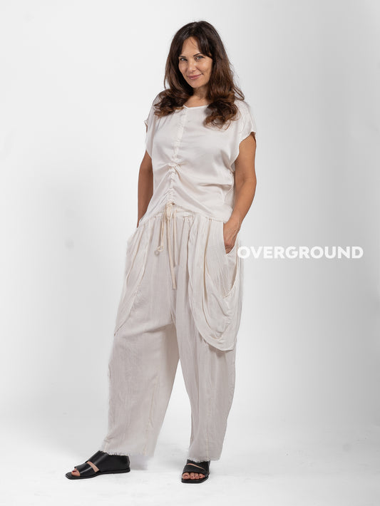 PANTALONE OVER LINO CON TASCONI DAVANTI