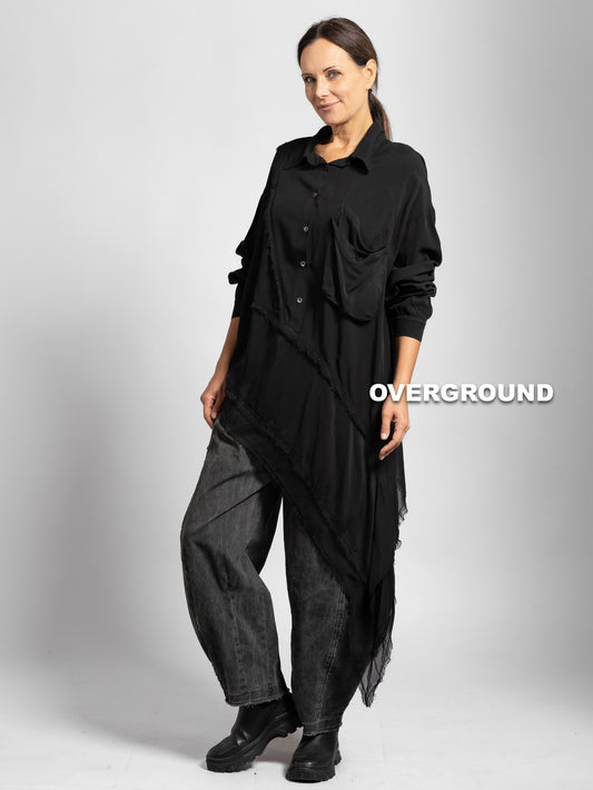 CAMICIA OVER VELATA ASIMMETRIVA CON PUNTA, TASCA E CUCITURE TAGLIO VIVO - OVERGROUND STORE 