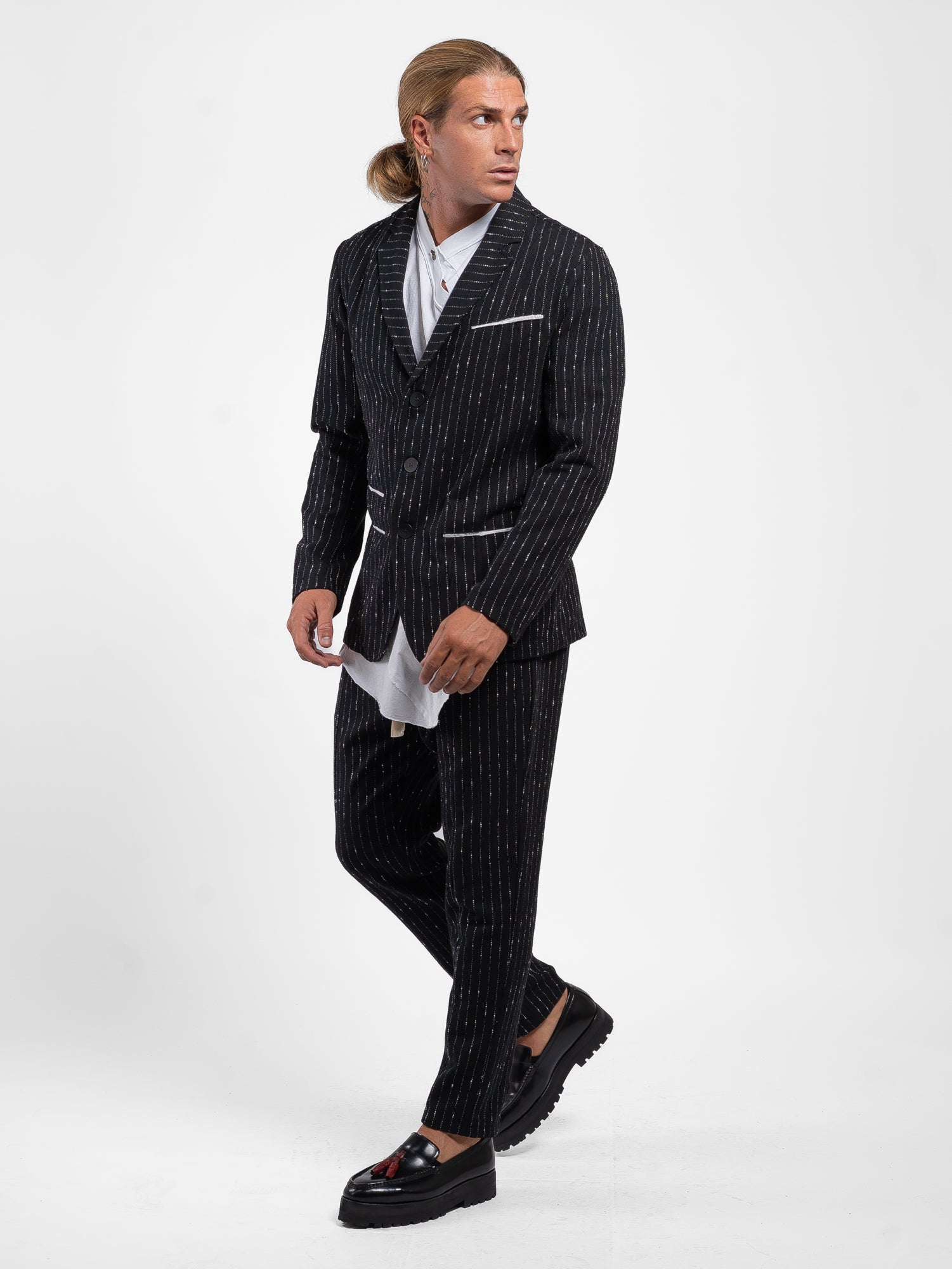 PANTALONE COTONE GESSATO CON TASCHE DAVANTI