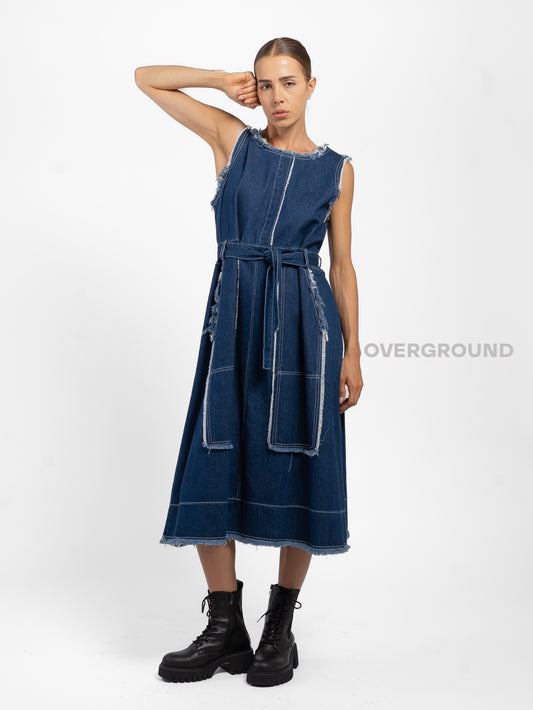 ABITO SMANICATO JEANS SFRANGIATO CON CERNIERA