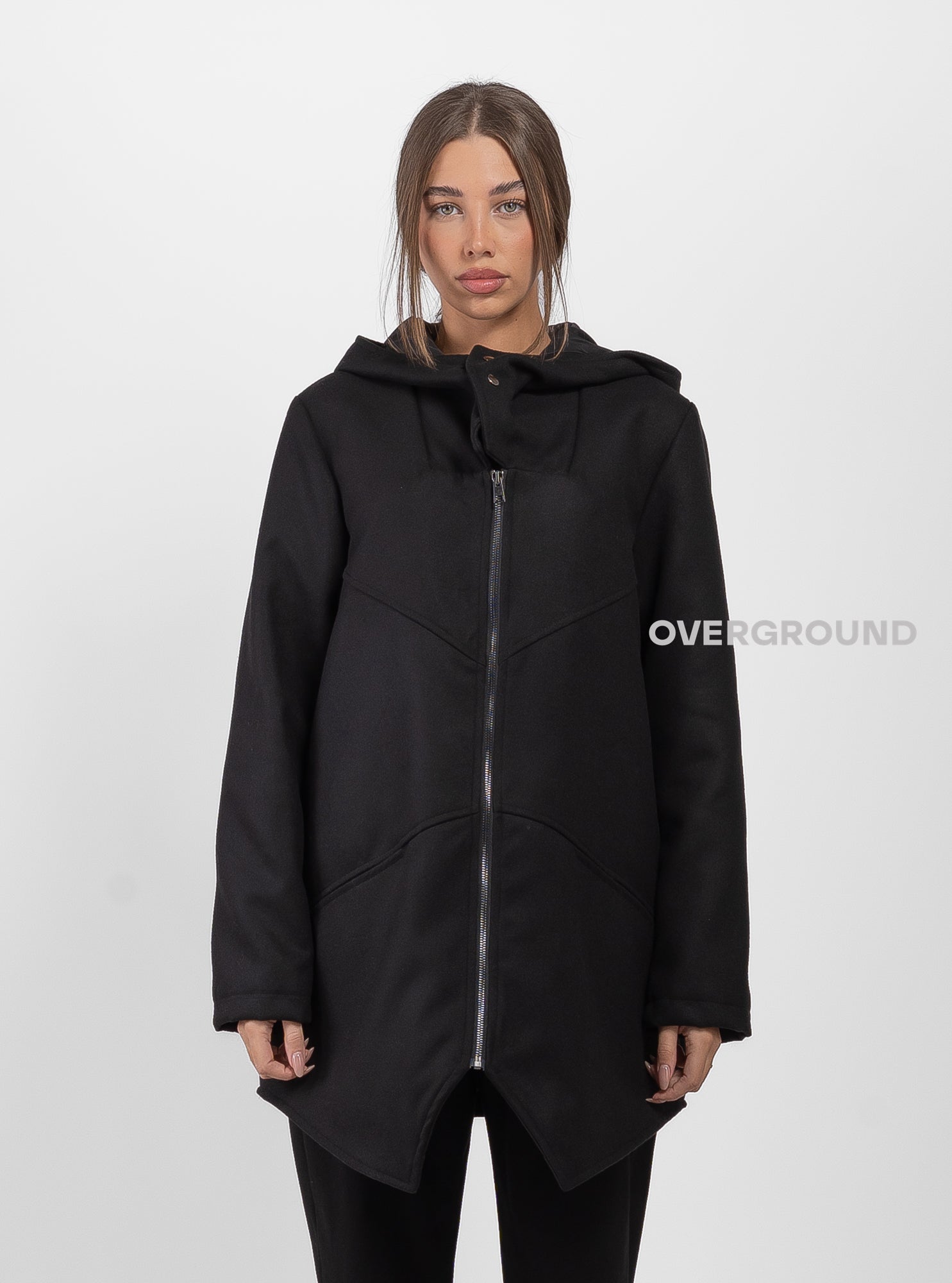 Asymmetrical jacket with hood and zip and Z buttons