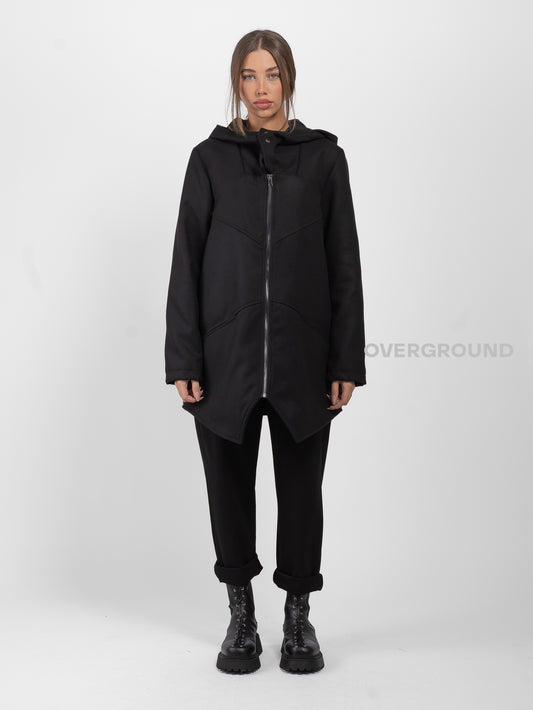 Asymmetrical jacket with hood and zip and Z buttons