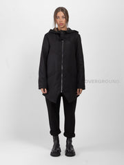 Asymmetrical jacket with hood and zip and Z buttons