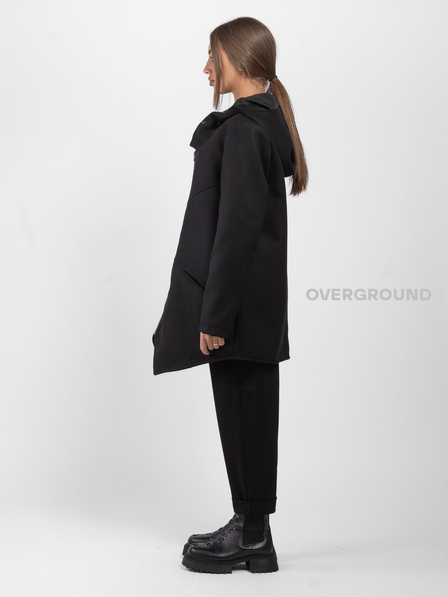 Asymmetrical jacket with hood and zip and Z buttons