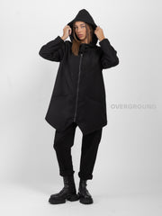 Asymmetrical jacket with hood and zip and Z buttons