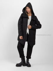 Asymmetrical jacket with hood and zip and Z buttons