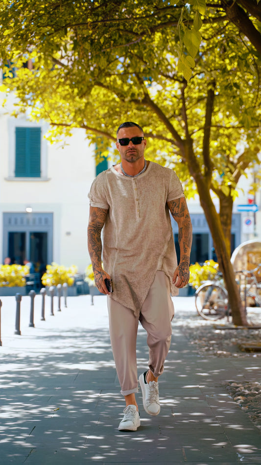 T- SHIRT LUNGA LINO CON BOTTONI